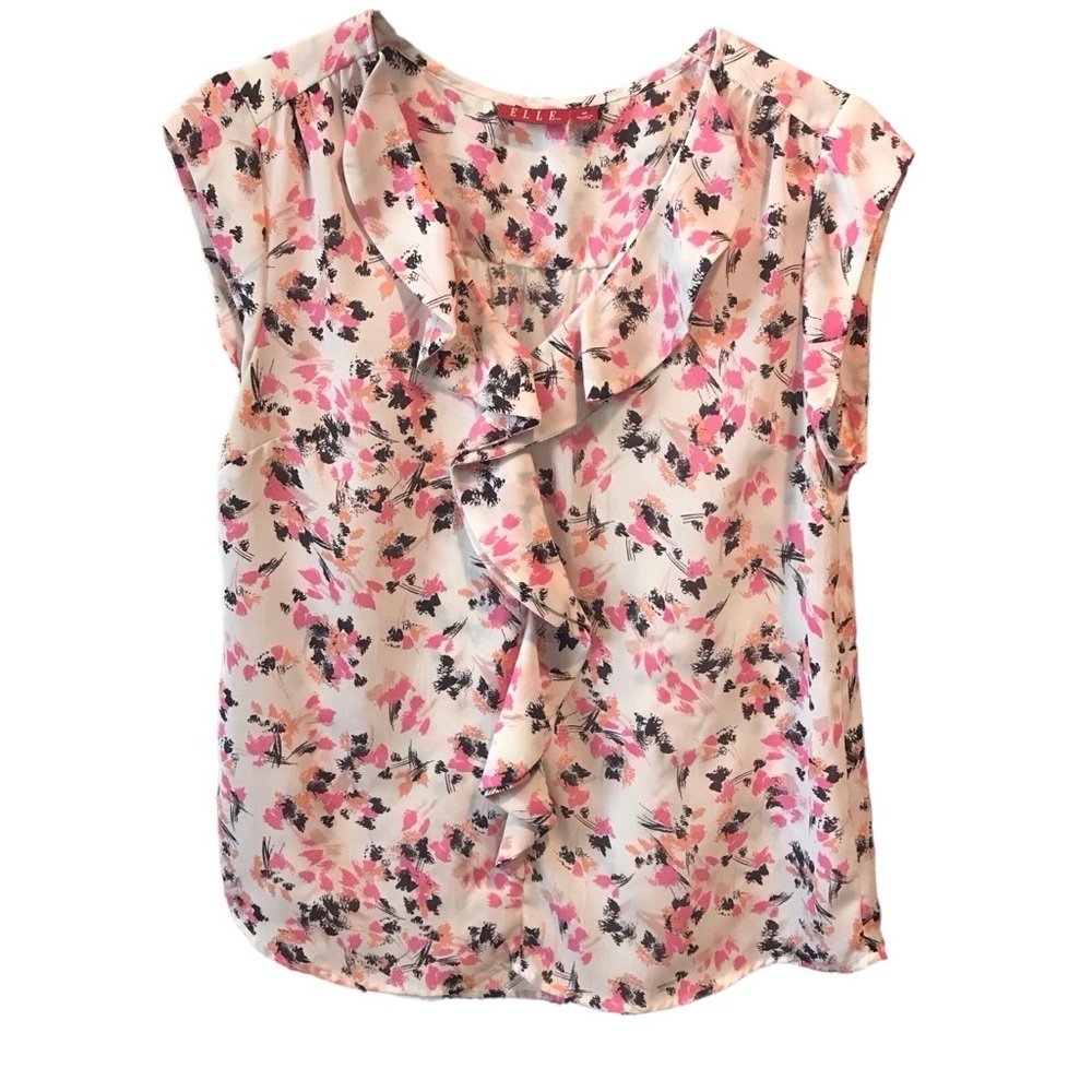ELLE‎ size M cap sleeve v neck front ruffle multi color top